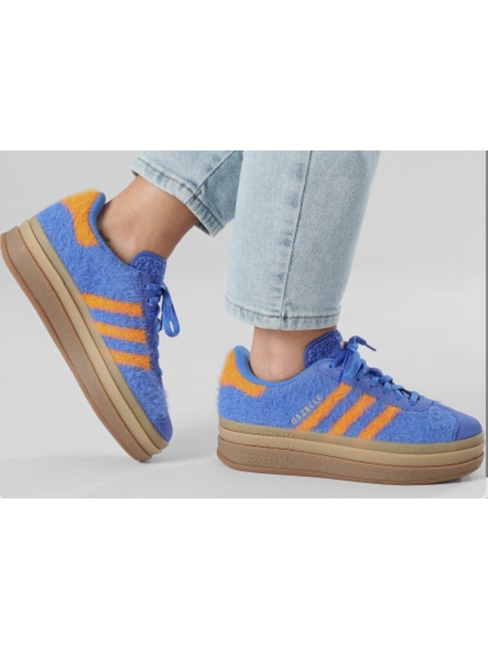 Adidas Gazelle Bold Platform Shoes Women's Size 6.5 Blue Orange Fuzzy Fur JS3906